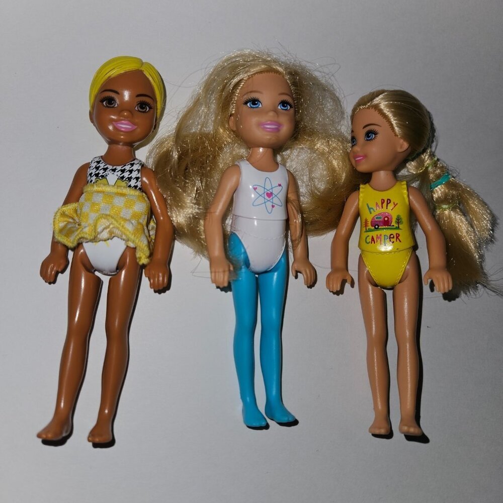 3 Barbie Doll Lot Chelsea Sister Travel Happy Camper Yellow Color Reveal READ